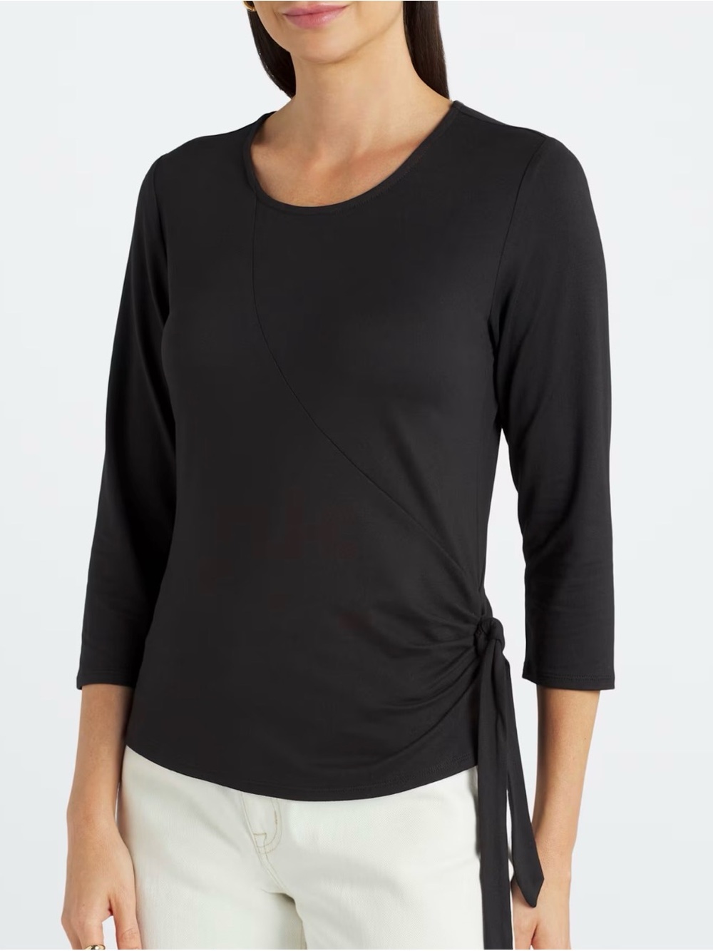 Bobeau Black Asymmetric 3/4 Sleeve Side-Tie Knit Top | Size L